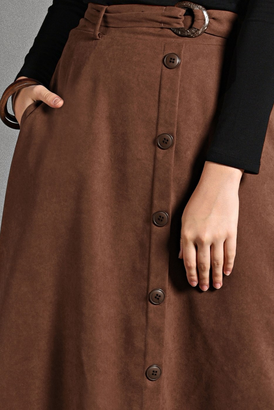 Tesettür giyim KAHVE KEMER DETAYLI SÜET ETEK 018 