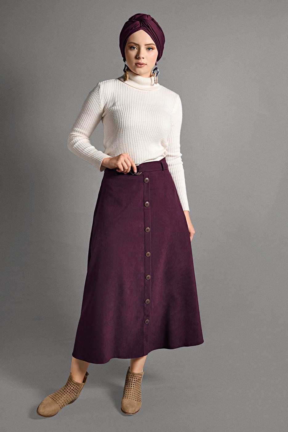 Tesettür giyim MÜRDÜM KEMER DETAYLI SÜET ETEK 018 