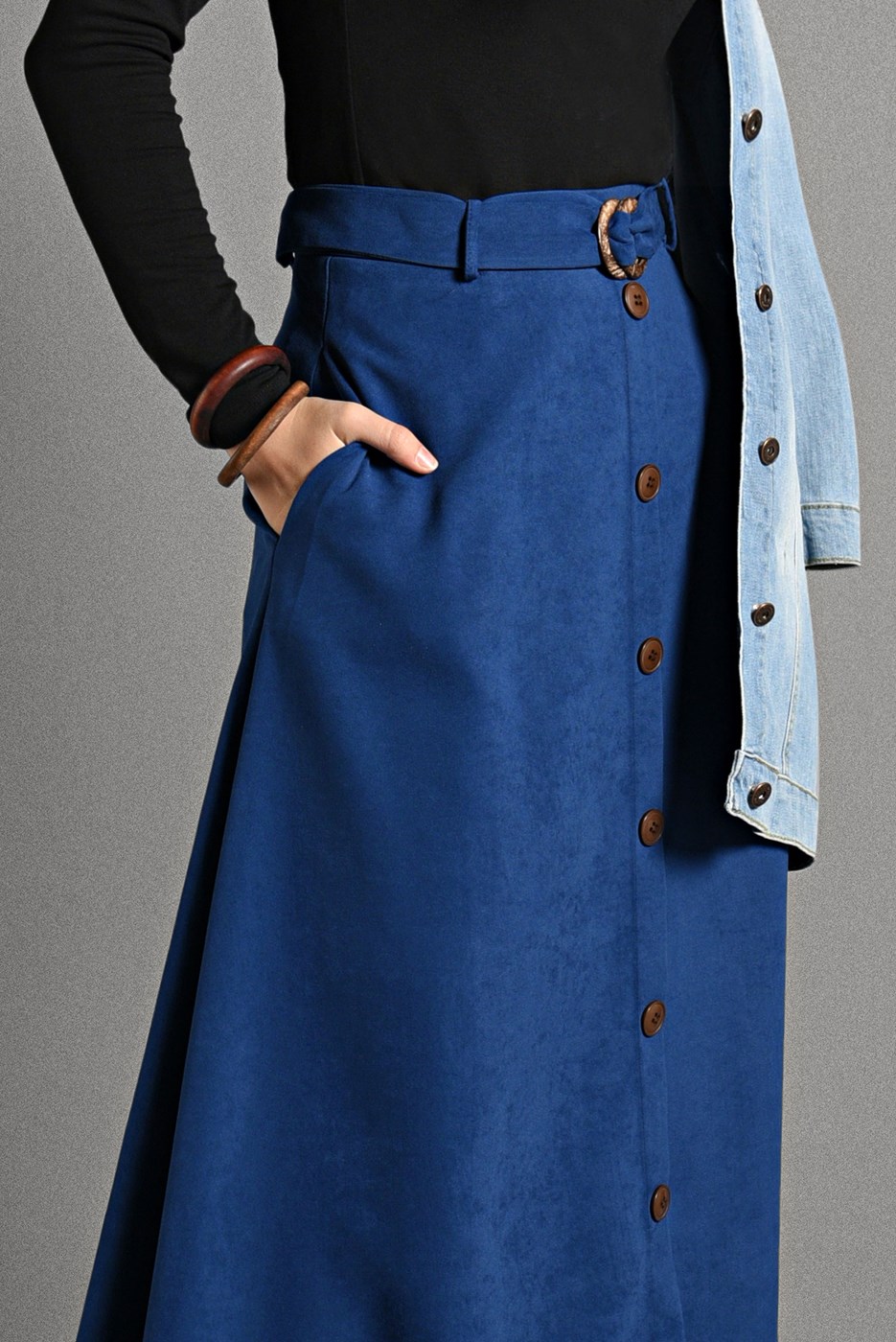 Tesettür giyim LACİVERT KEMER DETAYLI SÜET ETEK 018 