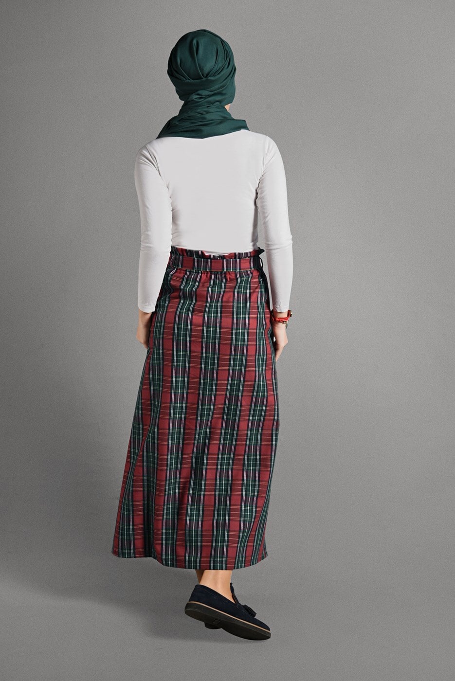Tesettür giyim KIRMIZI EKOSE DESEN KUŞAKLI ETEK 518