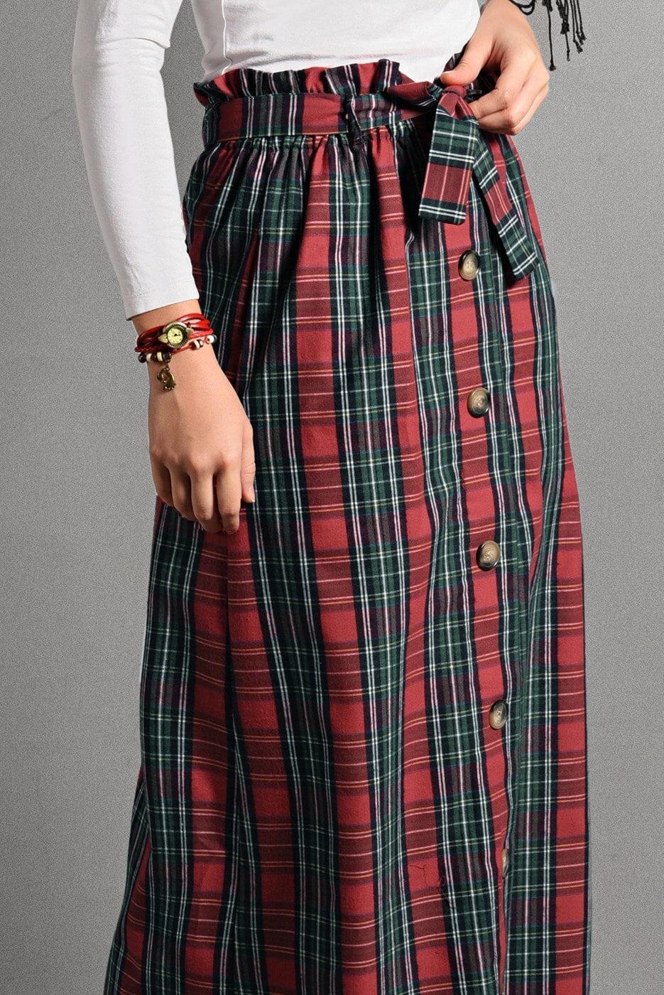 Tesettür giyim KIRMIZI EKOSE DESEN KUŞAKLI ETEK 518