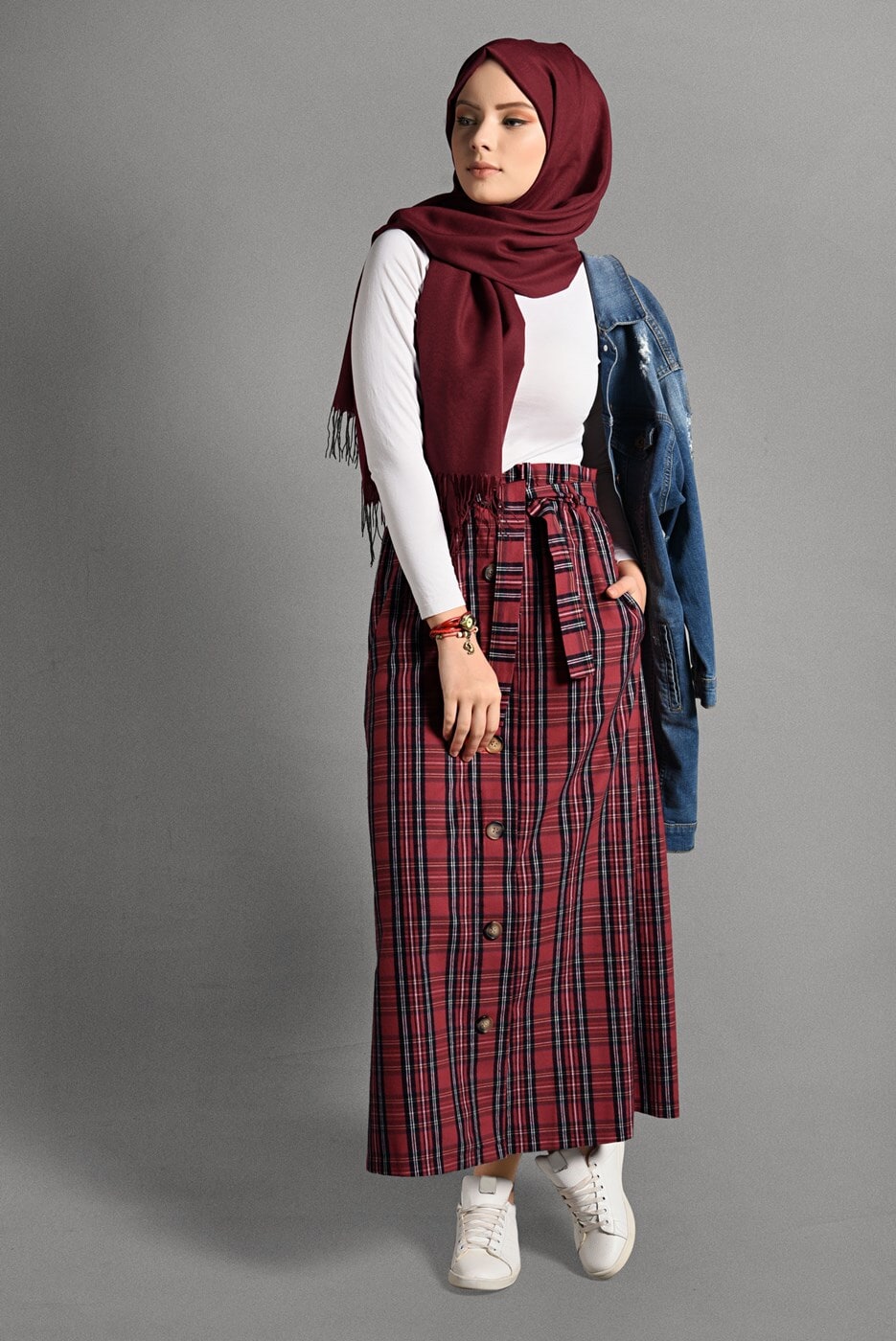Tesettür giyim KIRMIZI EKOSE DESEN KUŞAKLI ETEK 518