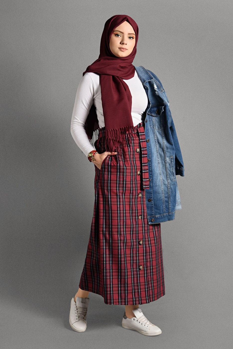 Tesettür giyim KIRMIZI EKOSE DESEN KUŞAKLI ETEK 518