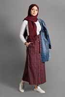 Tesettür giyim KIRMIZI EKOSE DESEN KUŞAKLI ETEK 518