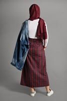 Tesettür giyim KIRMIZI EKOSE DESEN KUŞAKLI ETEK 518