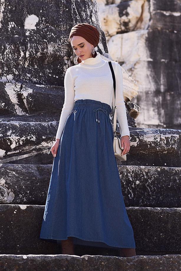 Tesettür giyim  BELİ LASTİKLİ CEP DETAYLI DENİM ETEK 1881  - TRENDTESETTÜR