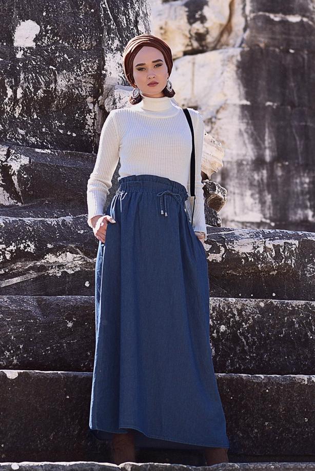 Tesettür giyim  BELİ LASTİKLİ CEP DETAYLI DENİM ETEK 1881  - TRENDTESETTÜR