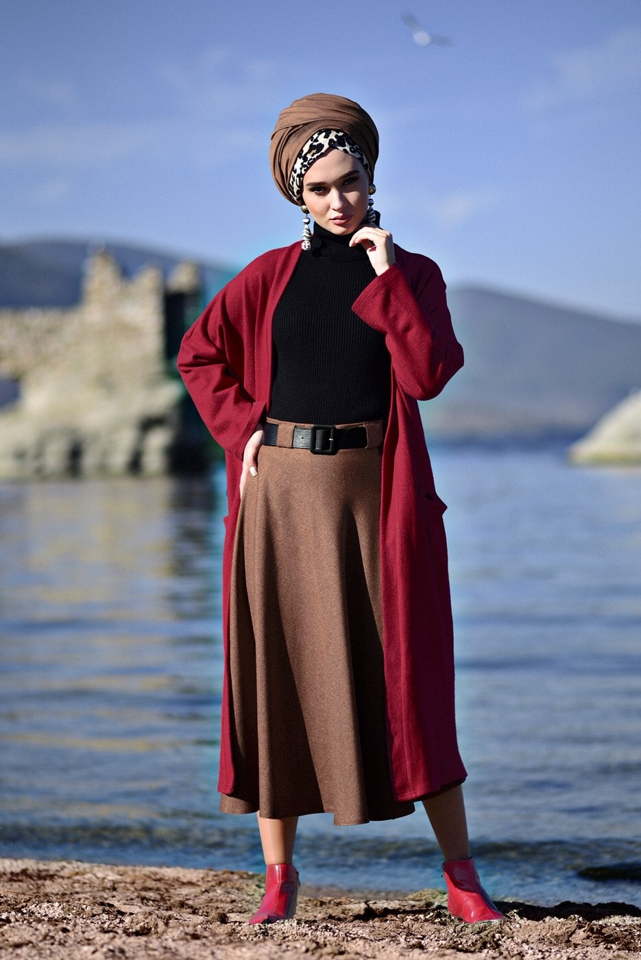Hijab clothing BROWN BELTED FELT FABRIC SKIRT 4039