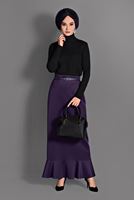 Tesettür giyim MOR ETEK UCU VOLANLI KEMERLİ ETEK 6099 