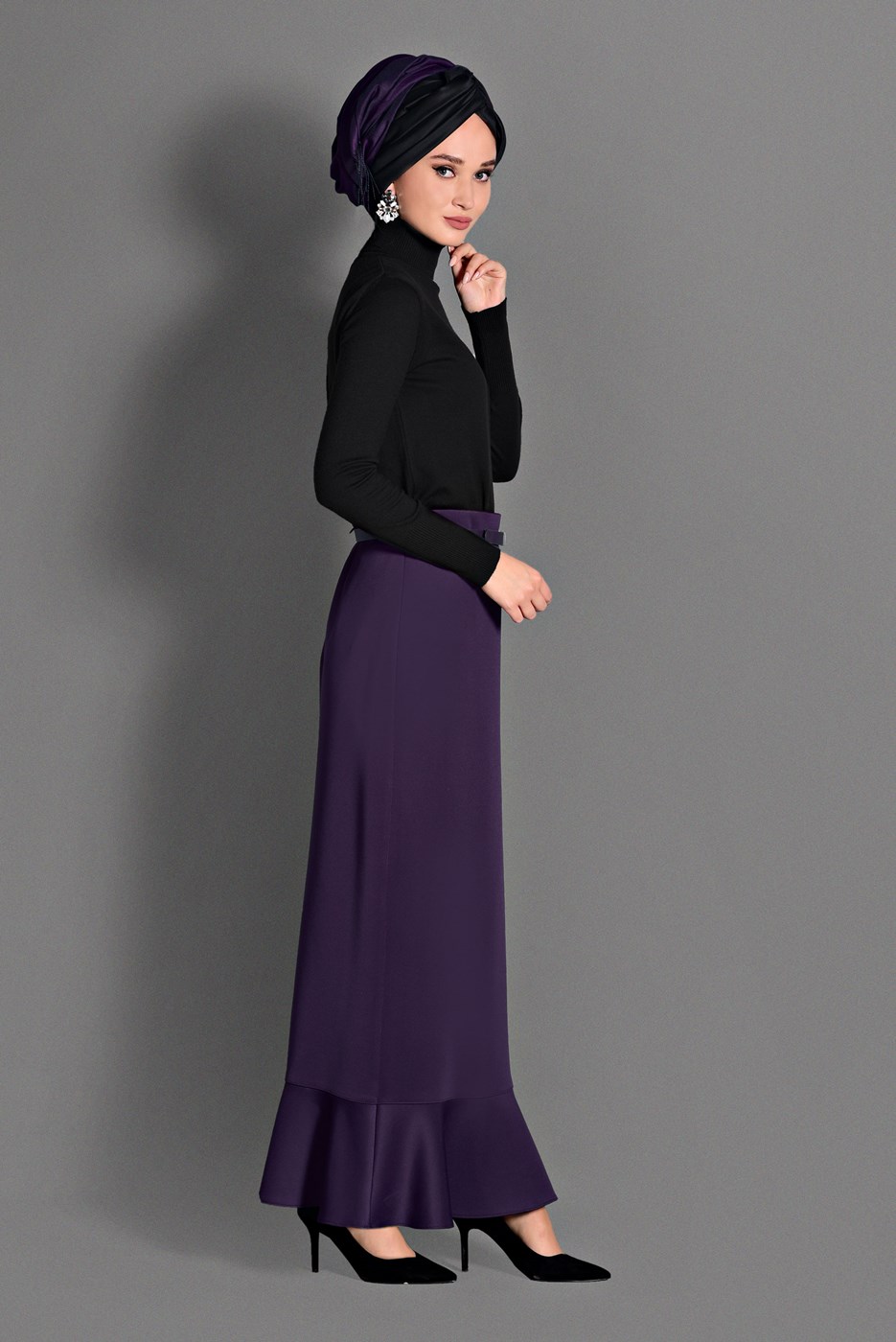 Tesettür giyim MOR ETEK UCU VOLANLI KEMERLİ ETEK 6099 