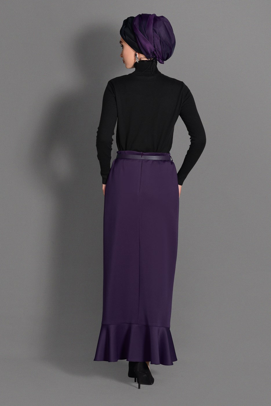 Tesettür giyim MOR ETEK UCU VOLANLI KEMERLİ ETEK 6099 