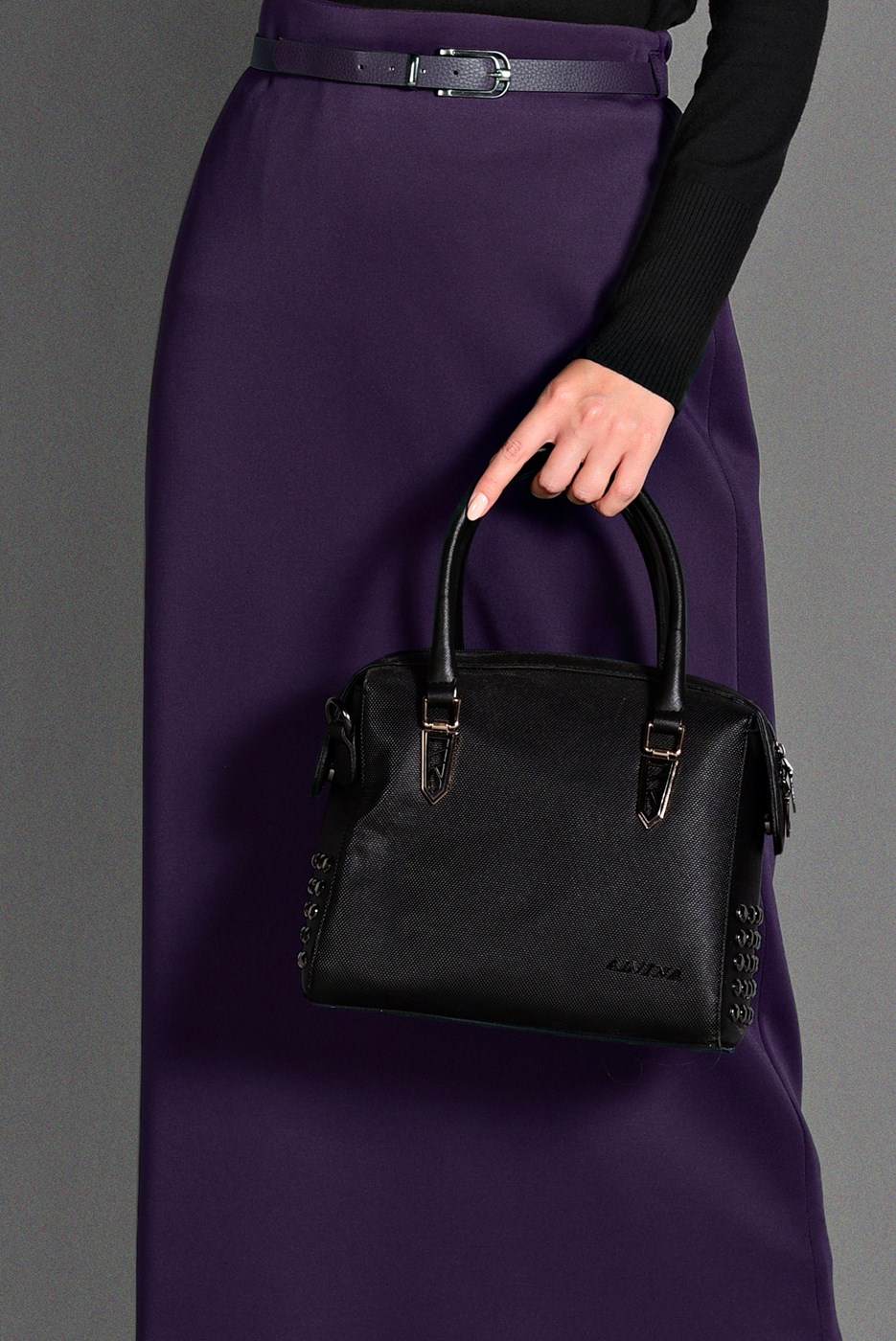 Tesettür giyim MOR ETEK UCU VOLANLI KEMERLİ ETEK 6099 