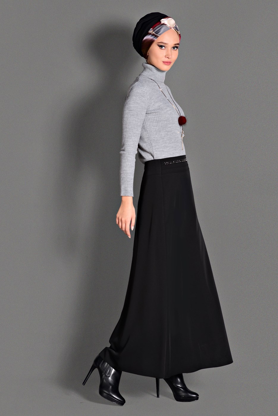Tesettür giyim SİYAH BELİ TAŞ DETAYLI ETEK 6101 