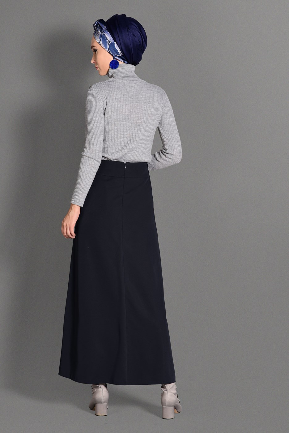 Tesettür giyim LACİVERT BELİ TAŞ DETAYLI ETEK 6101 