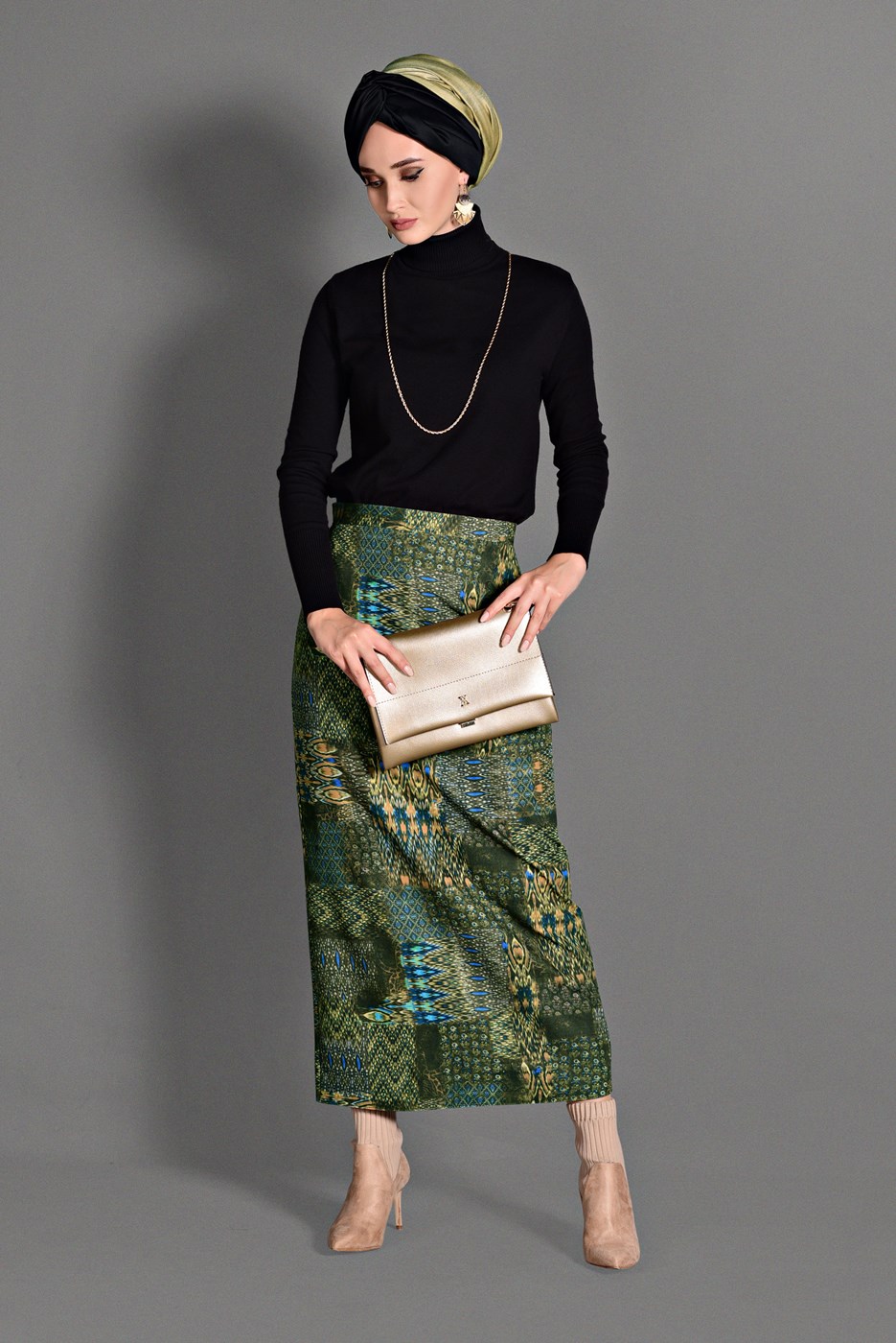 Tesettür giyim HAKİ DESENLİ ETEK 6105