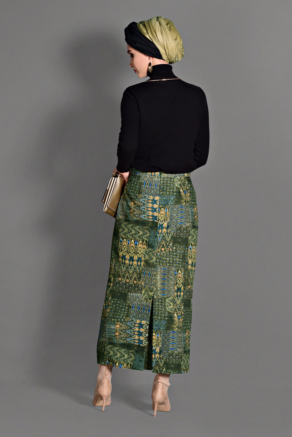 Tesettür giyim HAKİ DESENLİ ETEK 6105