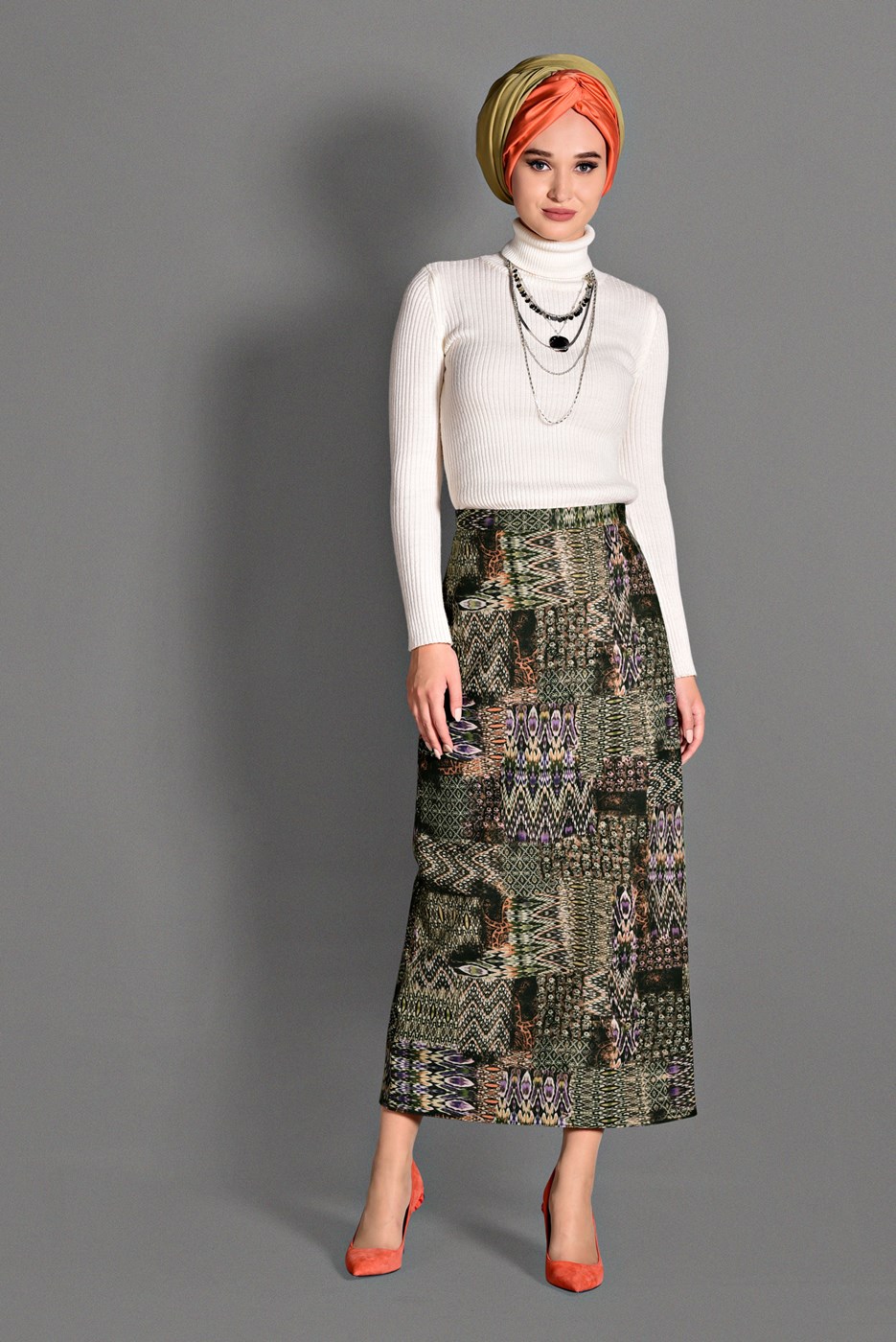 Tesettür giyim KAHVE DESENLİ ETEK 6105