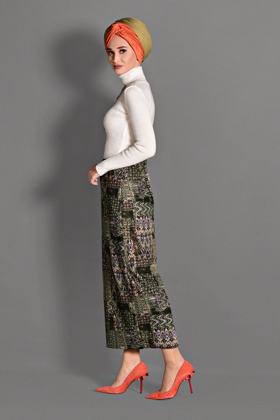 Tesettür giyim KAHVE DESENLİ ETEK 6105