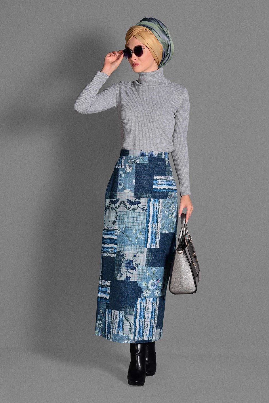 Tesettür giyim LACİVERT MİX DESEN ETEK 6136 