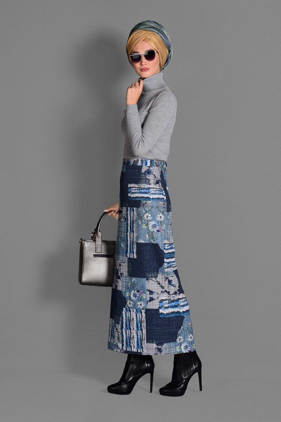 Tesettür giyim LACİVERT MİX DESEN ETEK 6136 