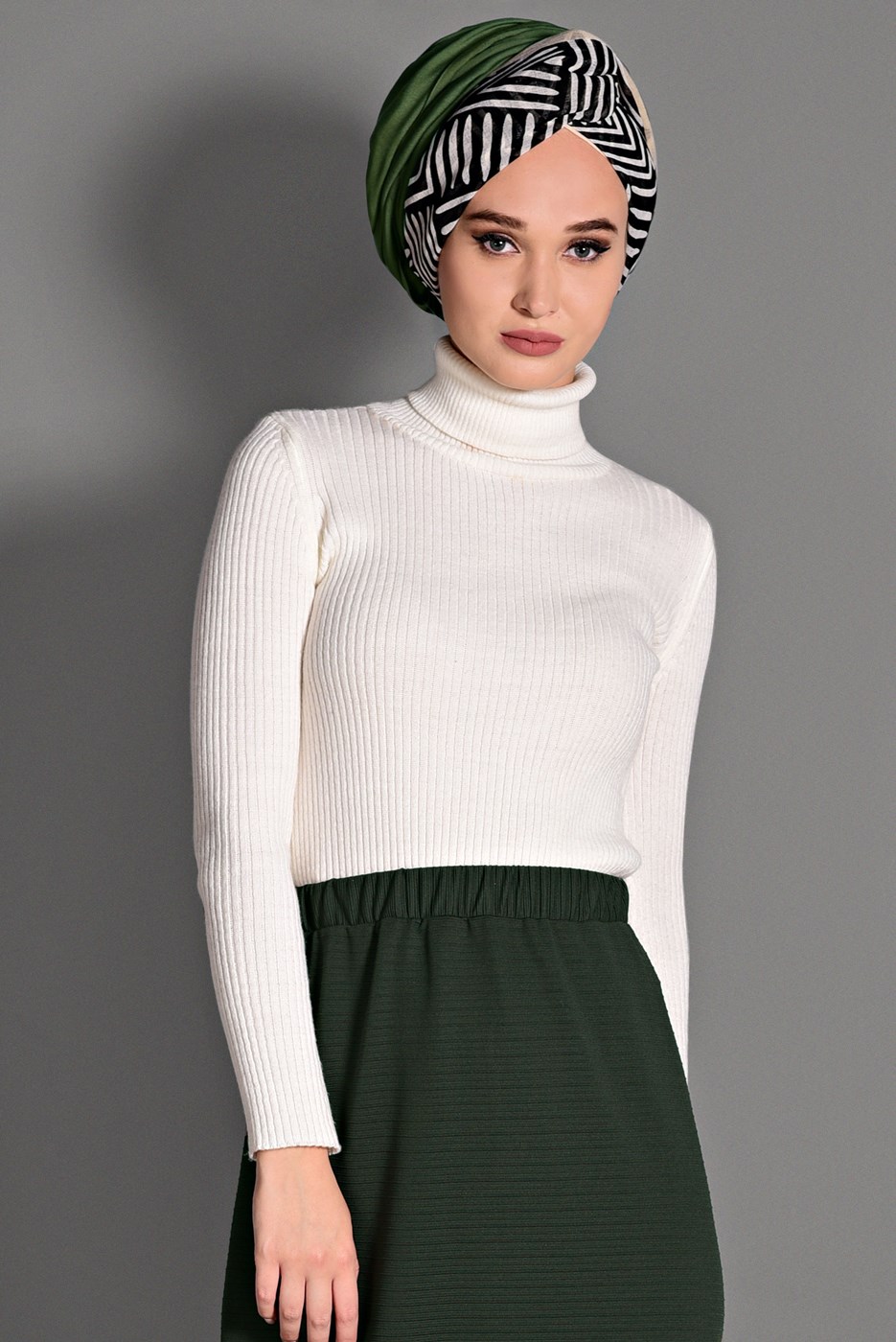 Tesettür giyim HAKİ BELİ LASTİKLİ ETEK 6147 