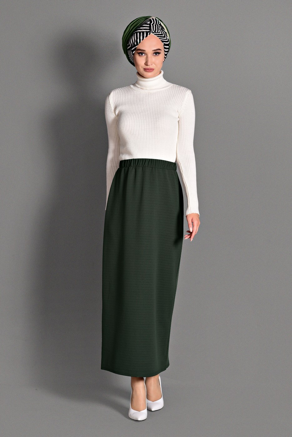 Tesettür giyim HAKİ BELİ LASTİKLİ ETEK 6147 