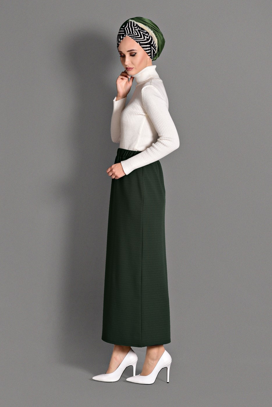 Tesettür giyim HAKİ BELİ LASTİKLİ ETEK 6147 