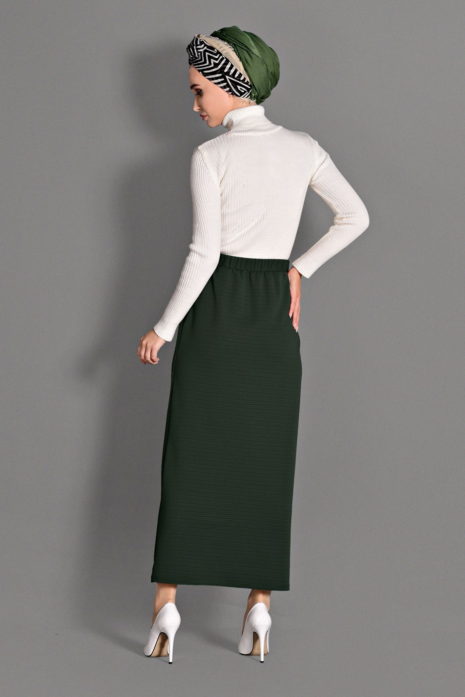 Tesettür giyim HAKİ BELİ LASTİKLİ ETEK 6147 