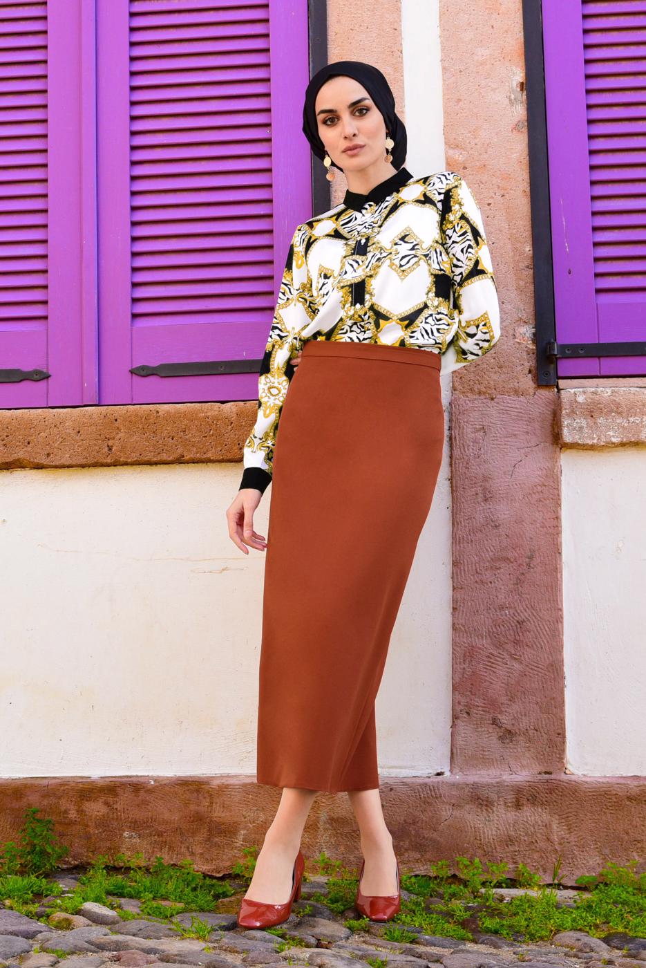 Hijab clothing BROWN HIGH WAIST TUBE SKIRT 9819 
