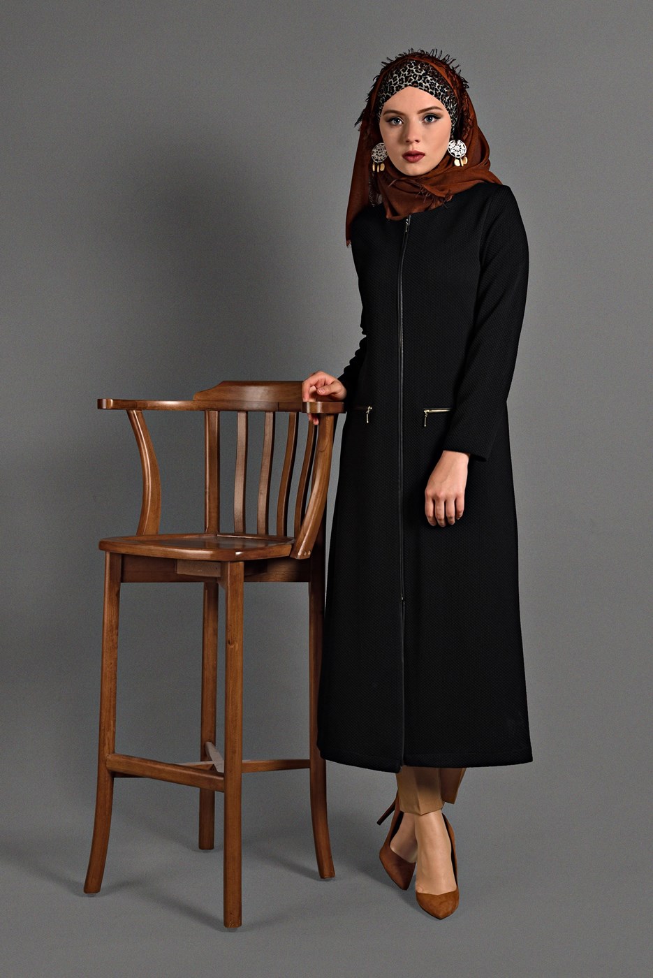Tesettür giyim SİYAH  PETEK KUMAŞ FERMUARLI TRENÇKOT 35157