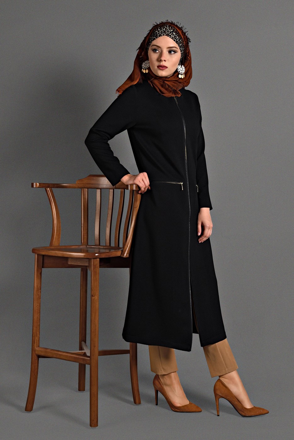 Tesettür giyim SİYAH  PETEK KUMAŞ FERMUARLI TRENÇKOT 35157