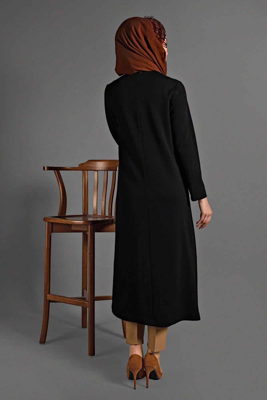 Tesettür giyim SİYAH  PETEK KUMAŞ FERMUARLI TRENÇKOT 35157