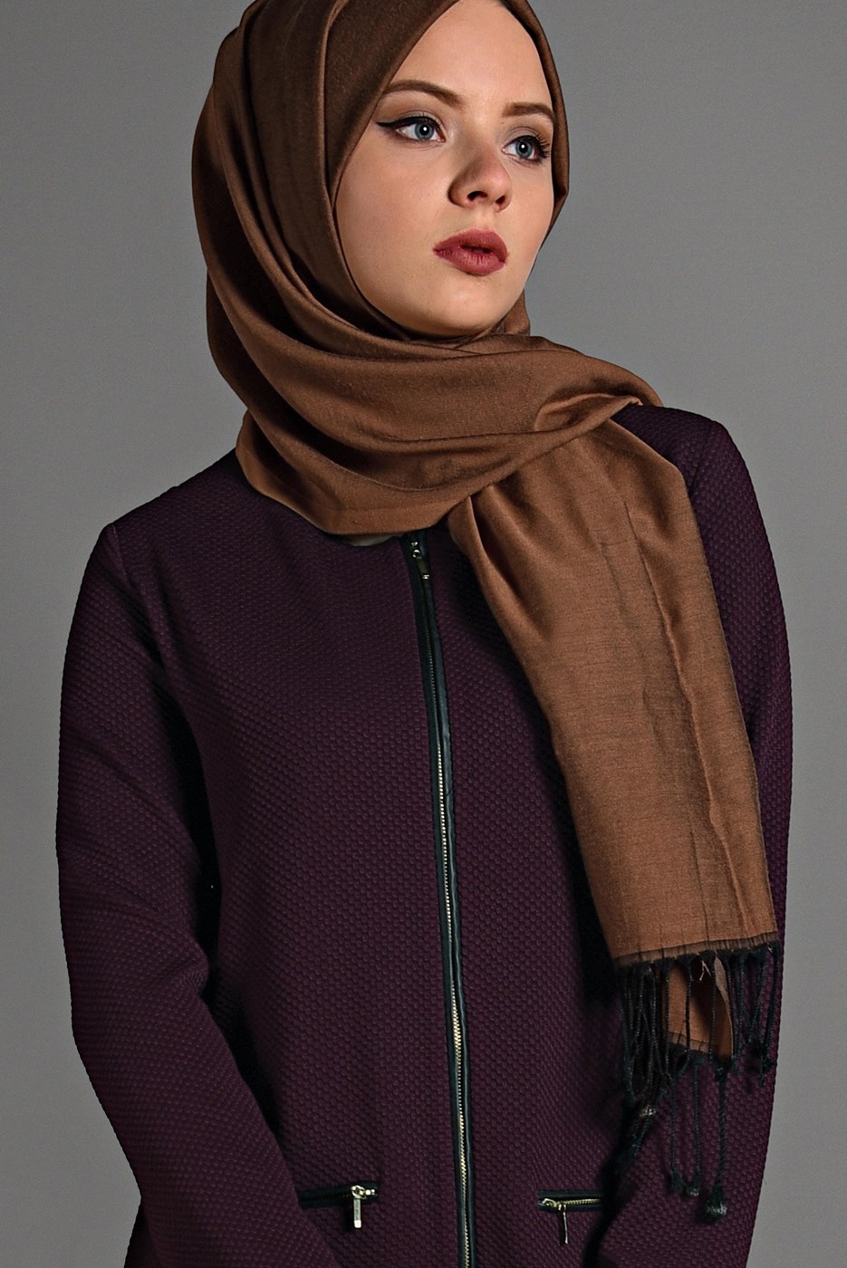 Tesettür giyim BORDO  PETEK KUMAŞ FERMUARLI TRENÇKOT 35157