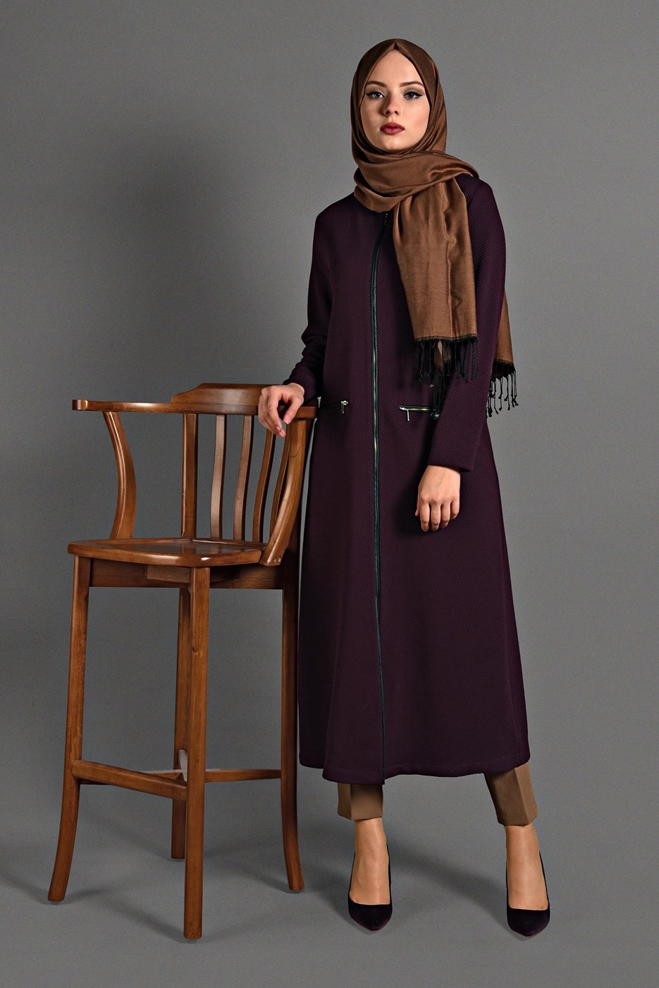Tesettür giyim BORDO  PETEK KUMAŞ FERMUARLI TRENÇKOT 35157