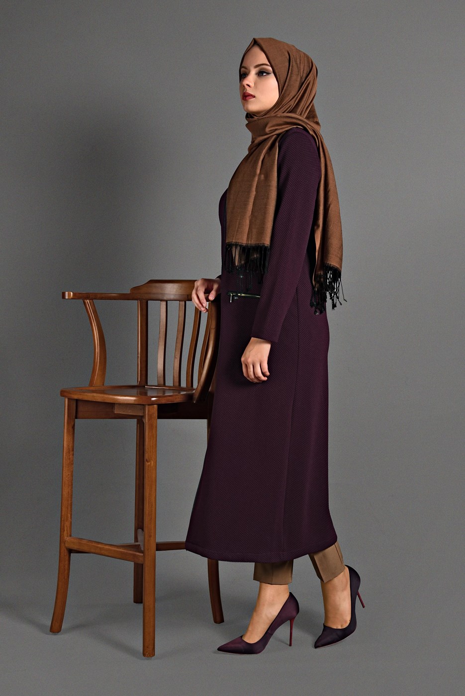 Tesettür giyim BORDO  PETEK KUMAŞ FERMUARLI TRENÇKOT 35157