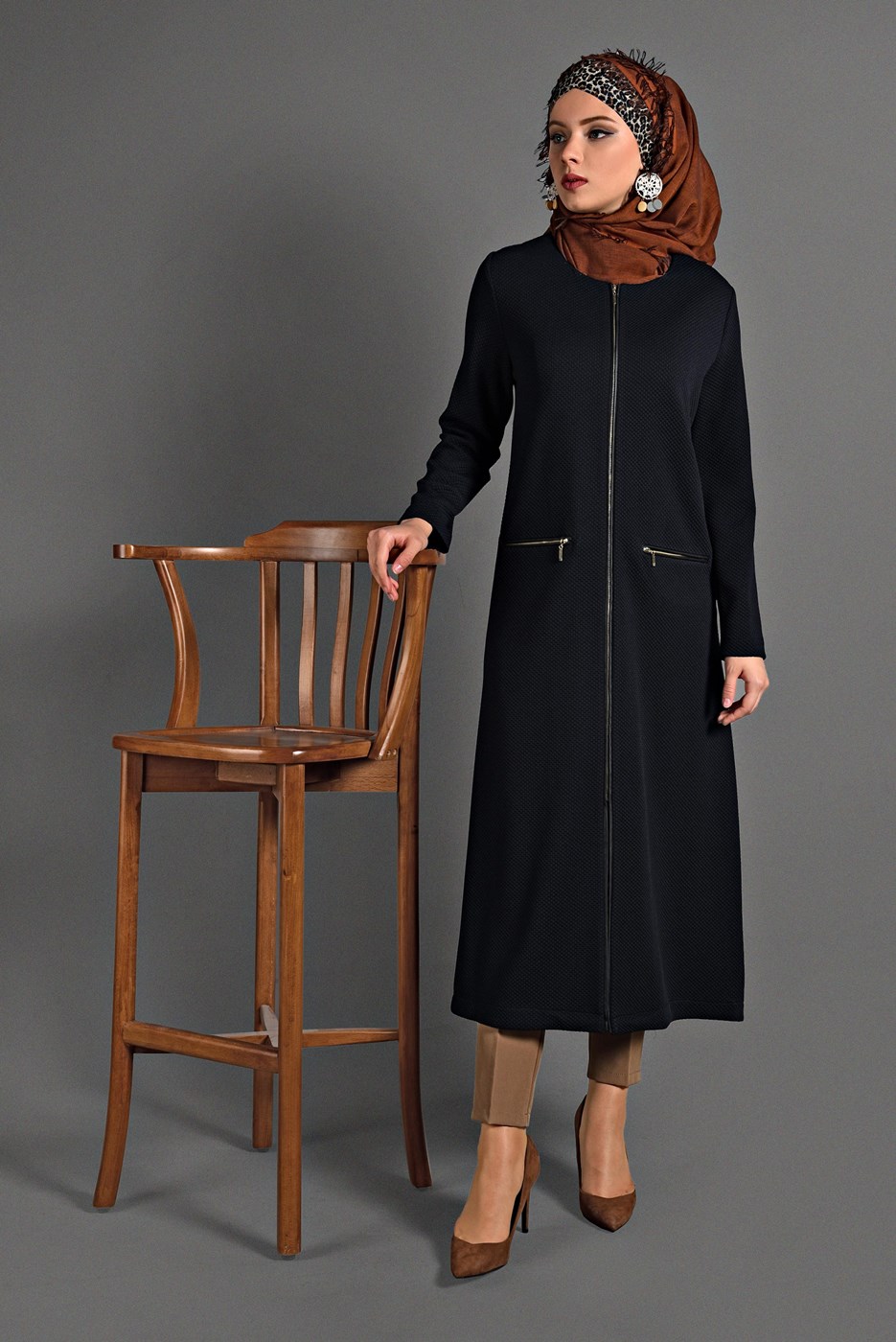 Tesettür giyim LACİVERT  PETEK KUMAŞ FERMUARLI TRENÇKOT 35157