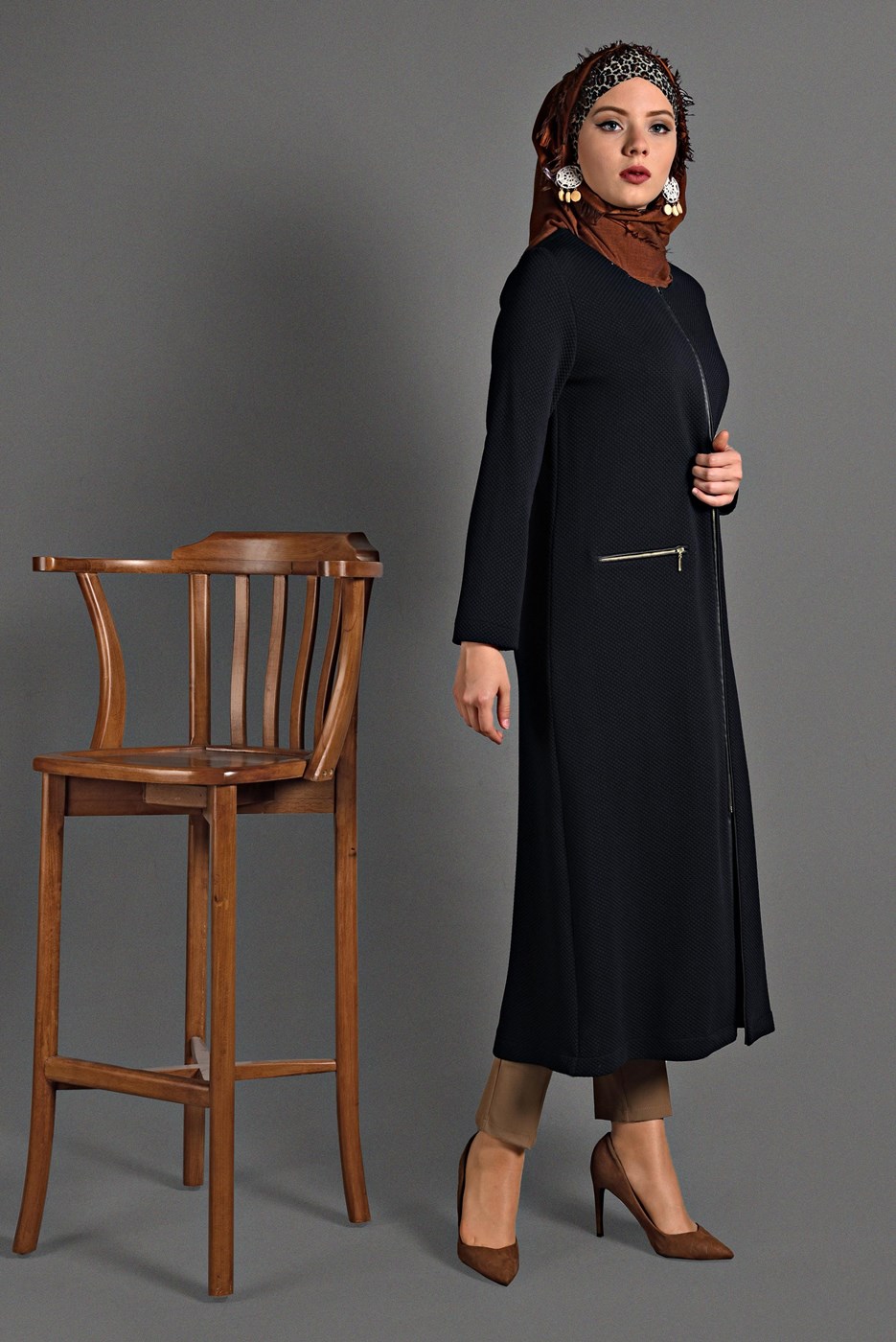 Tesettür giyim LACİVERT  PETEK KUMAŞ FERMUARLI TRENÇKOT 35157