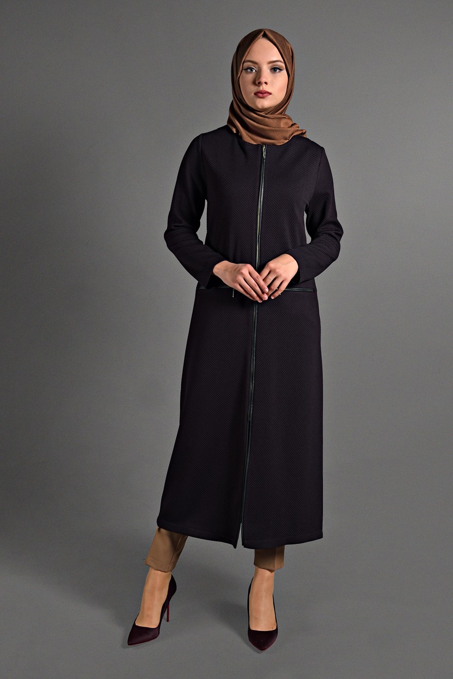 Tesettür giyim MÜRDÜM  PETEK KUMAŞ FERMUARLI TRENÇKOT 35157