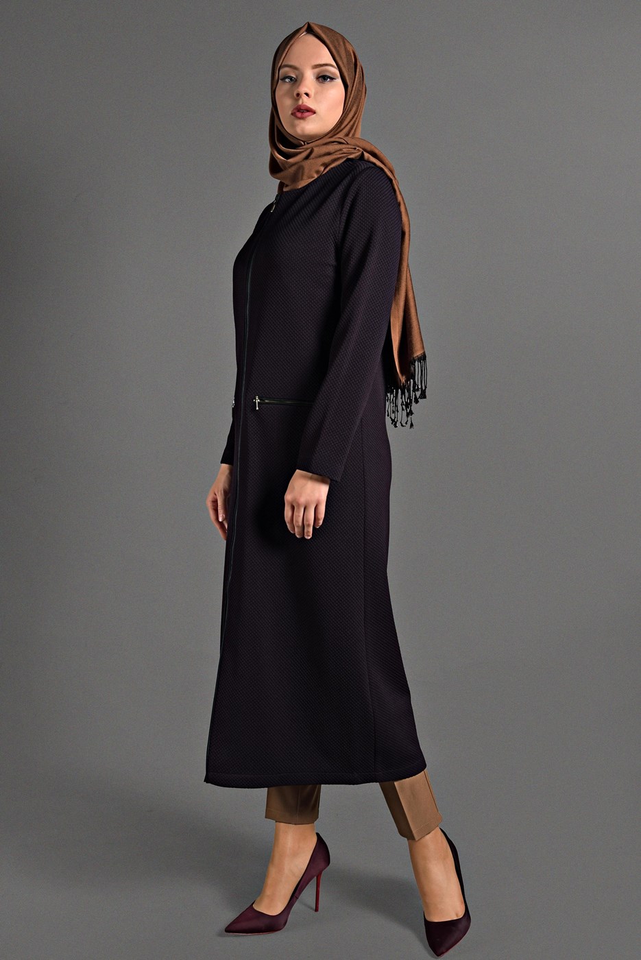 Tesettür giyim MÜRDÜM  PETEK KUMAŞ FERMUARLI TRENÇKOT 35157