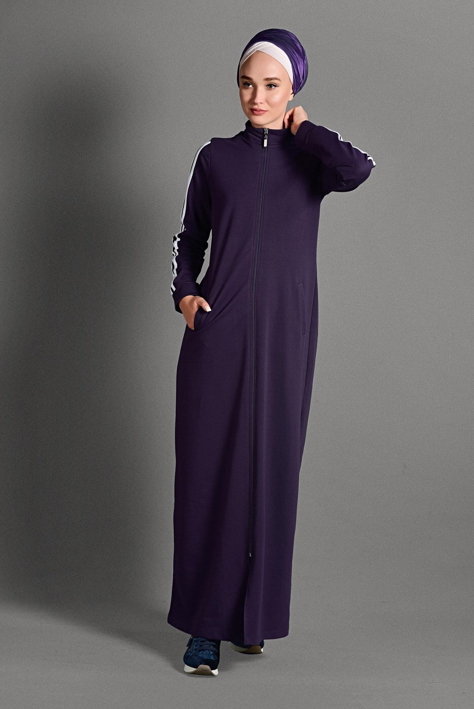 Vêtements hijab POURPRE PARDESSU SPORT ZIPPÉ À RAYURES 8028