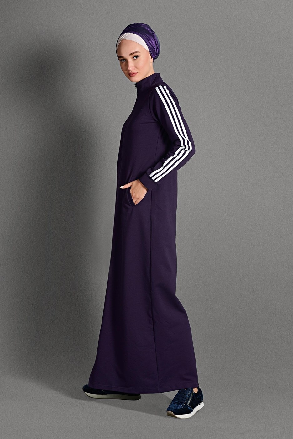 Tesettür giyim MOR FERMUARLI ÇİZGİ DETAYLI SPOR FERACE 8028 