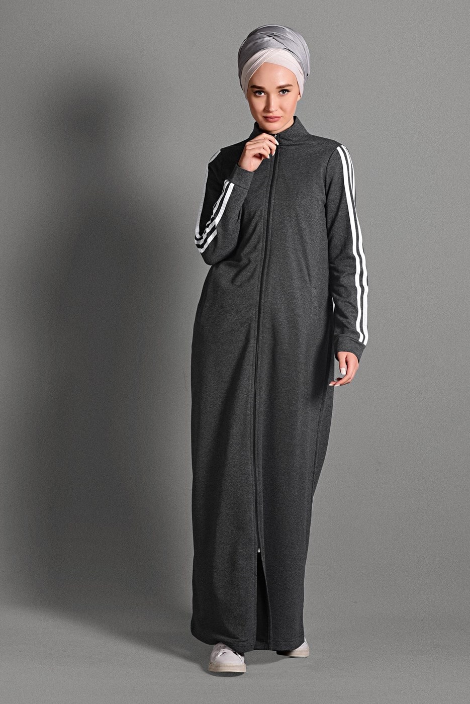 Vêtements hijab GRIS PARDESSU SPORT ZIPPÉ À RAYURES 8028