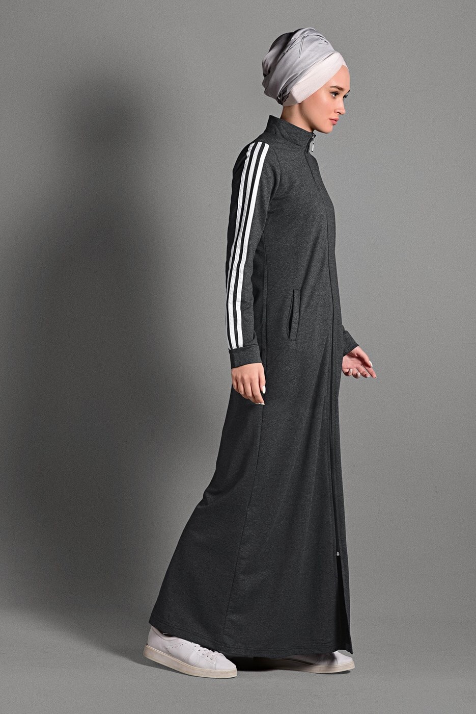 Vêtements hijab GRIS PARDESSU SPORT ZIPPÉ À RAYURES 8028