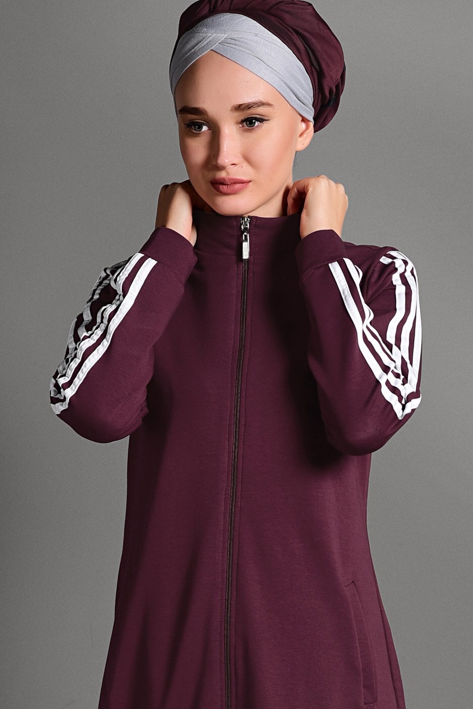 Hijab clothing CLARET RED ZIPPED STRIPPED SPORT TOPCOAT 8028 