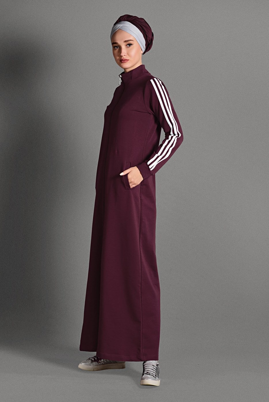 Hijab clothing CLARET RED ZIPPED STRIPPED SPORT TOPCOAT 8028 