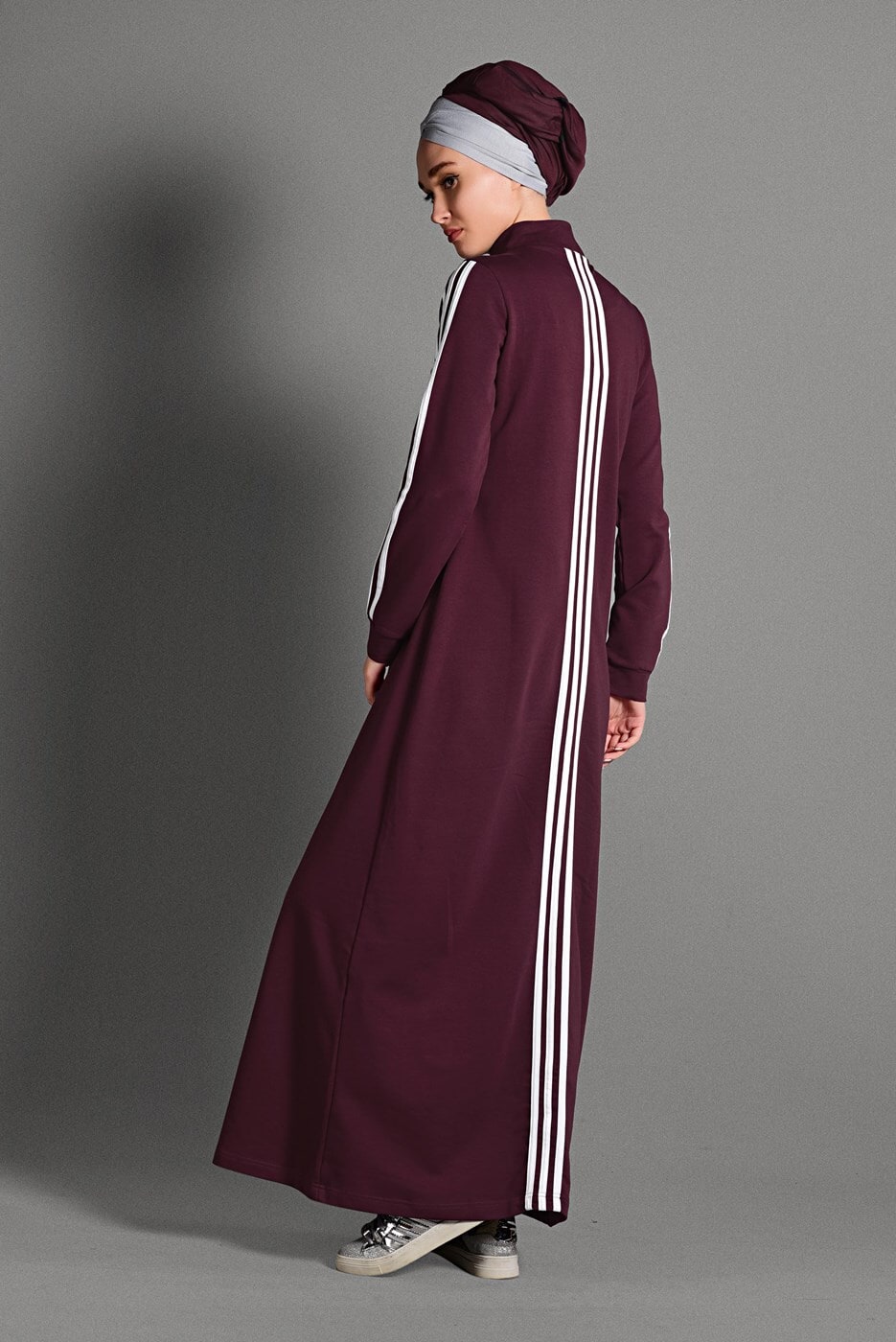 Hijab clothing CLARET RED ZIPPED STRIPPED SPORT TOPCOAT 8028 