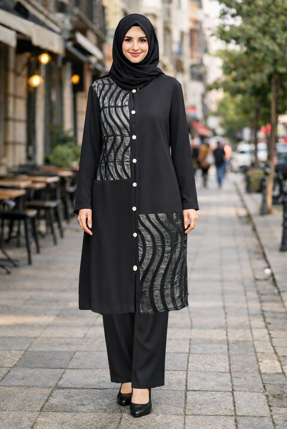 Tesettür giyim SİYAH DÜĞMELİ HIRKA T 2848