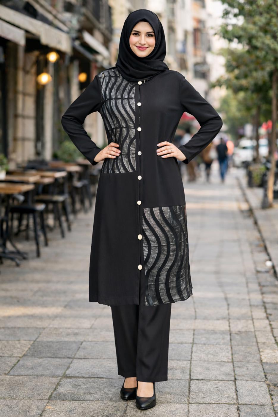 Tesettür giyim SİYAH DÜĞMELİ HIRKA T 2848
