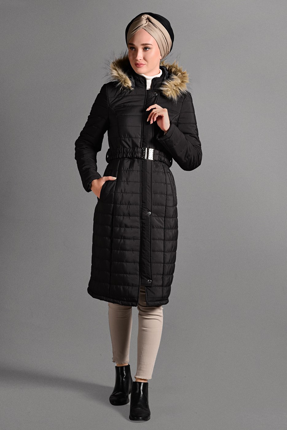 Hijab clothing BLACK BELTED PUFFER COAT 4502 