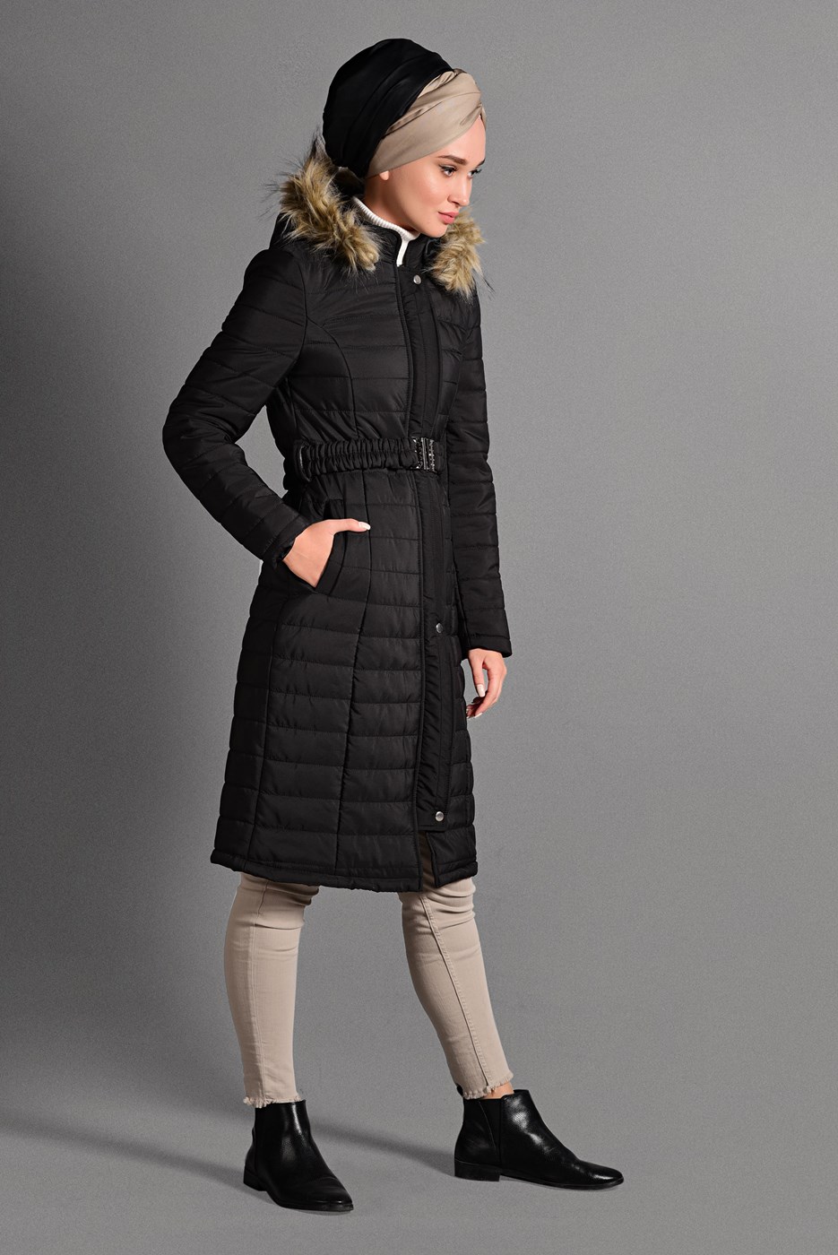 Hijab clothing BLACK BELTED PUFFER COAT 4502 